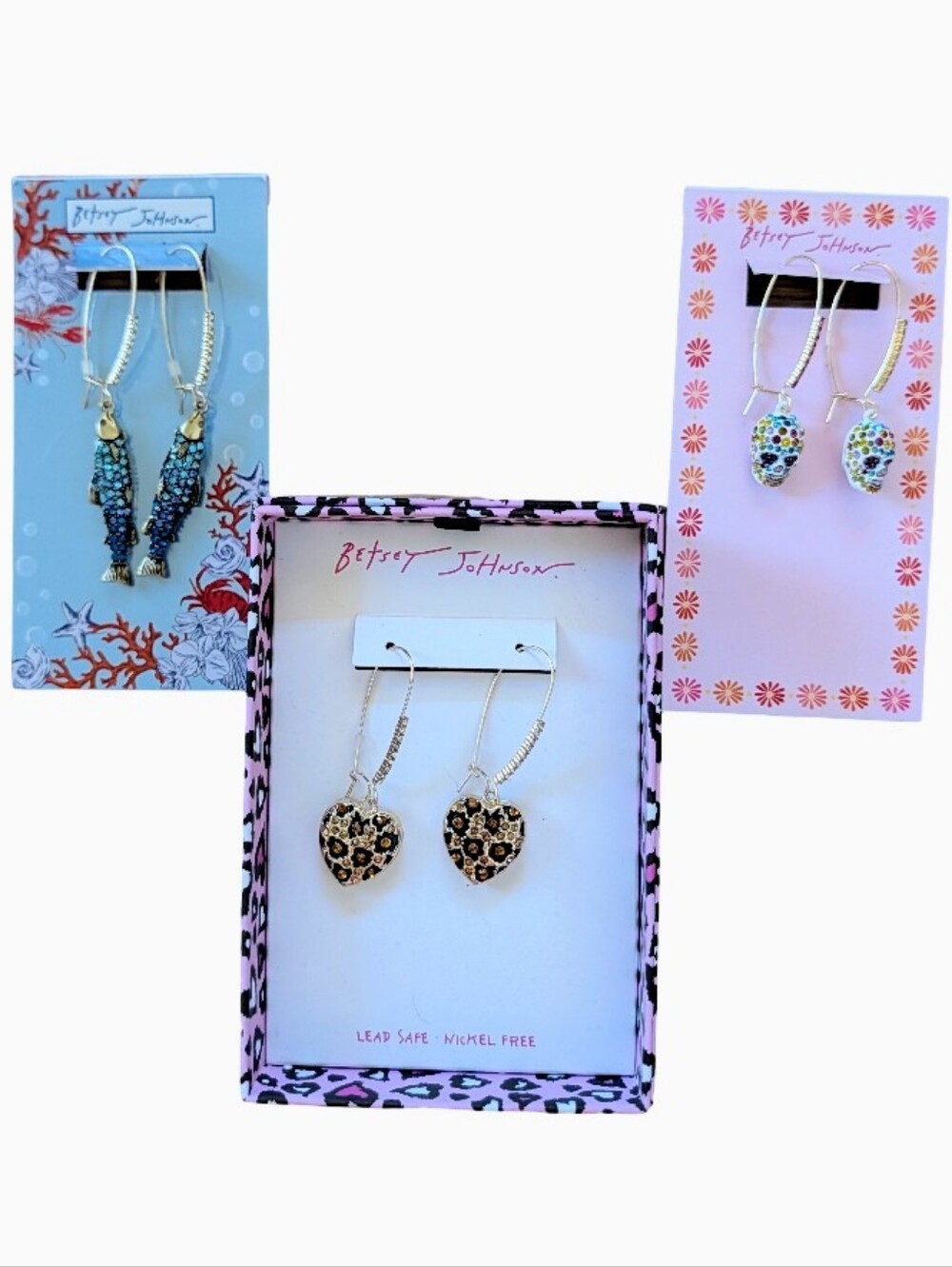 RESERVED**Betsey Johnson Earrings 3 Pair Lot Hearts, Fish & Sugar Skulls
